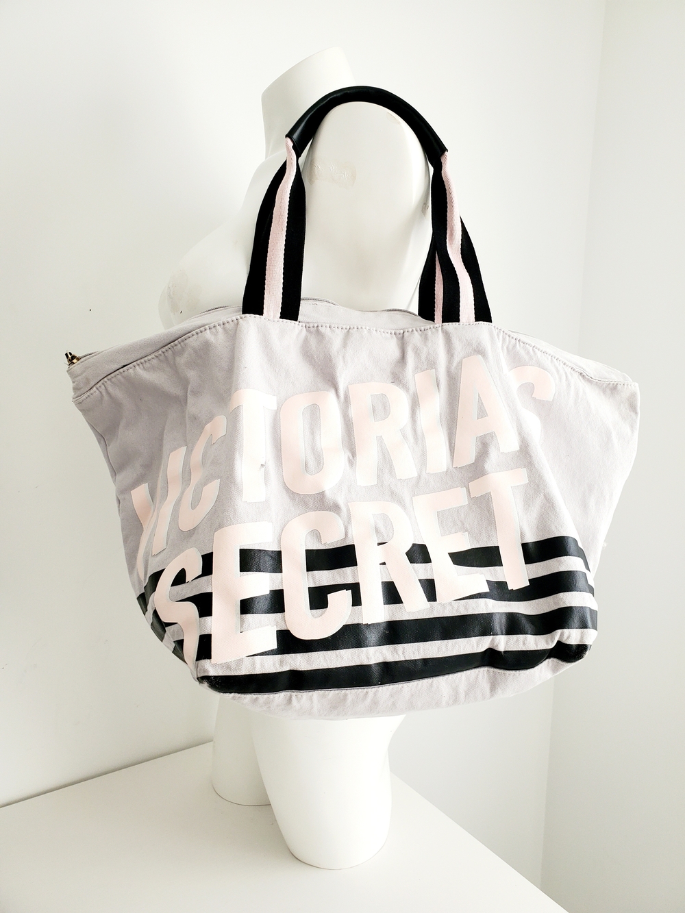 Victoria's Secret Light Pink and Black Canvas Tote Bag